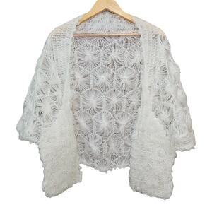 Vintage Handmade Crochet Knit Lace Shawl Acrylic Mohair Pearl Bohemian Wedding